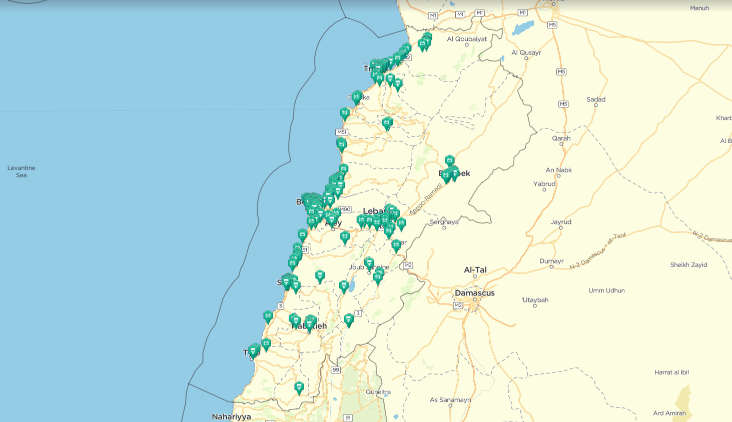 Map highlighting the locations of Anti-Government protests across Lebanon in 2020